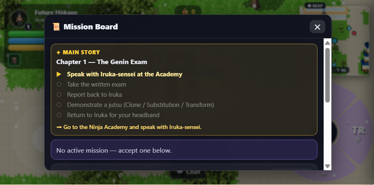 The mission board with the Main Story questline